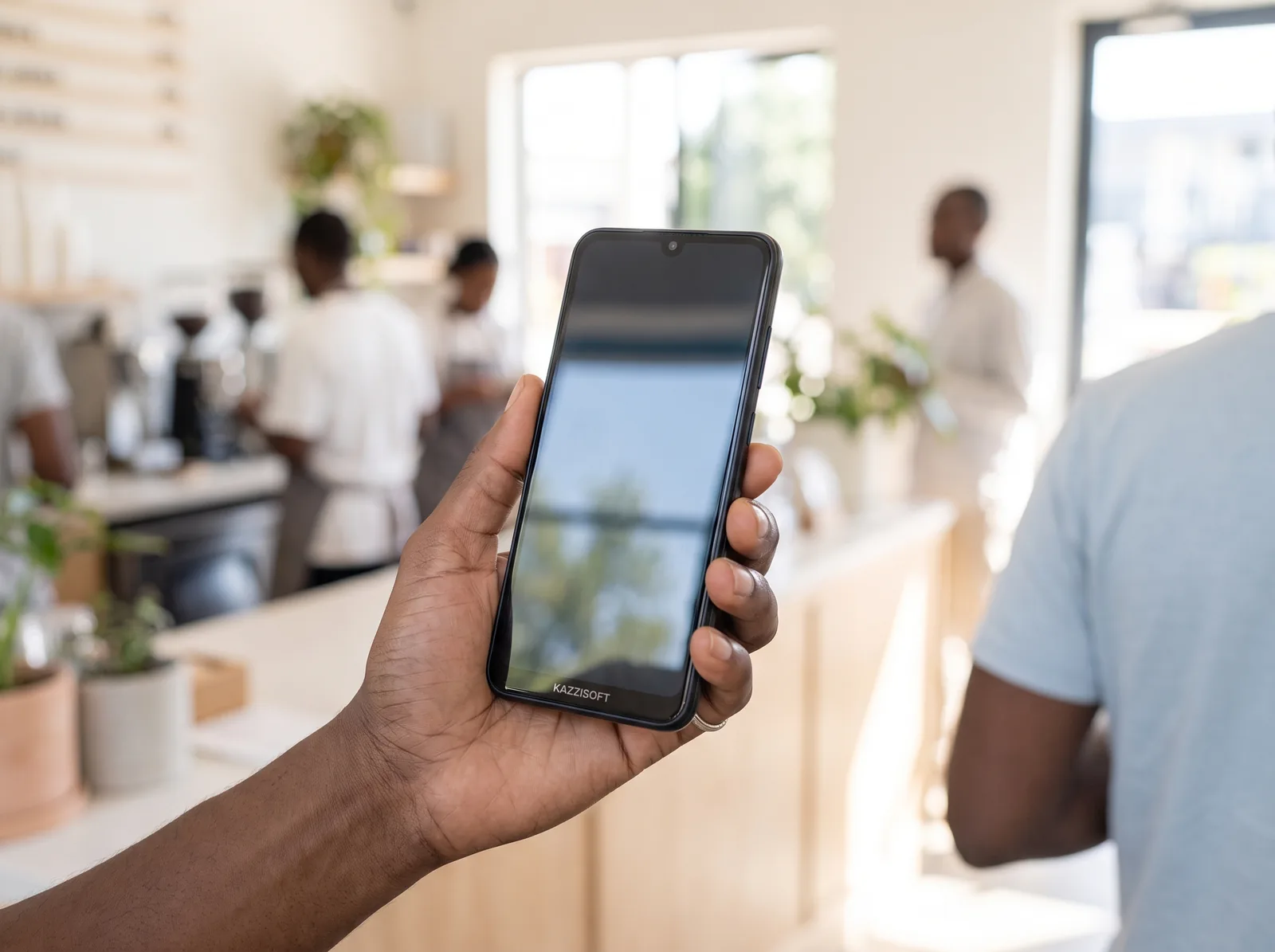 A hand holding a phone at a shop counter
