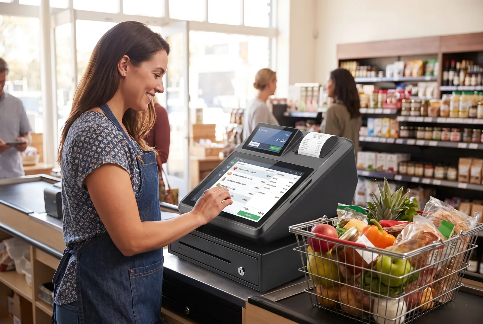 A cashier ringing up a sale on the counter terminal in a busy shop