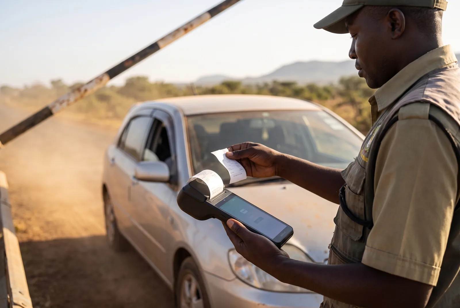 A revenue collector printing a receipt on a handheld field terminal at a roadside barrier
