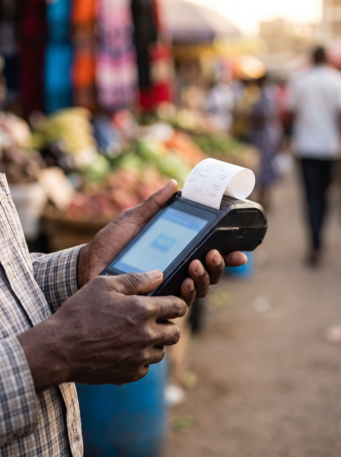 A merchant's hands holding a rugged handheld POS terminal printing a receipt in a busy market