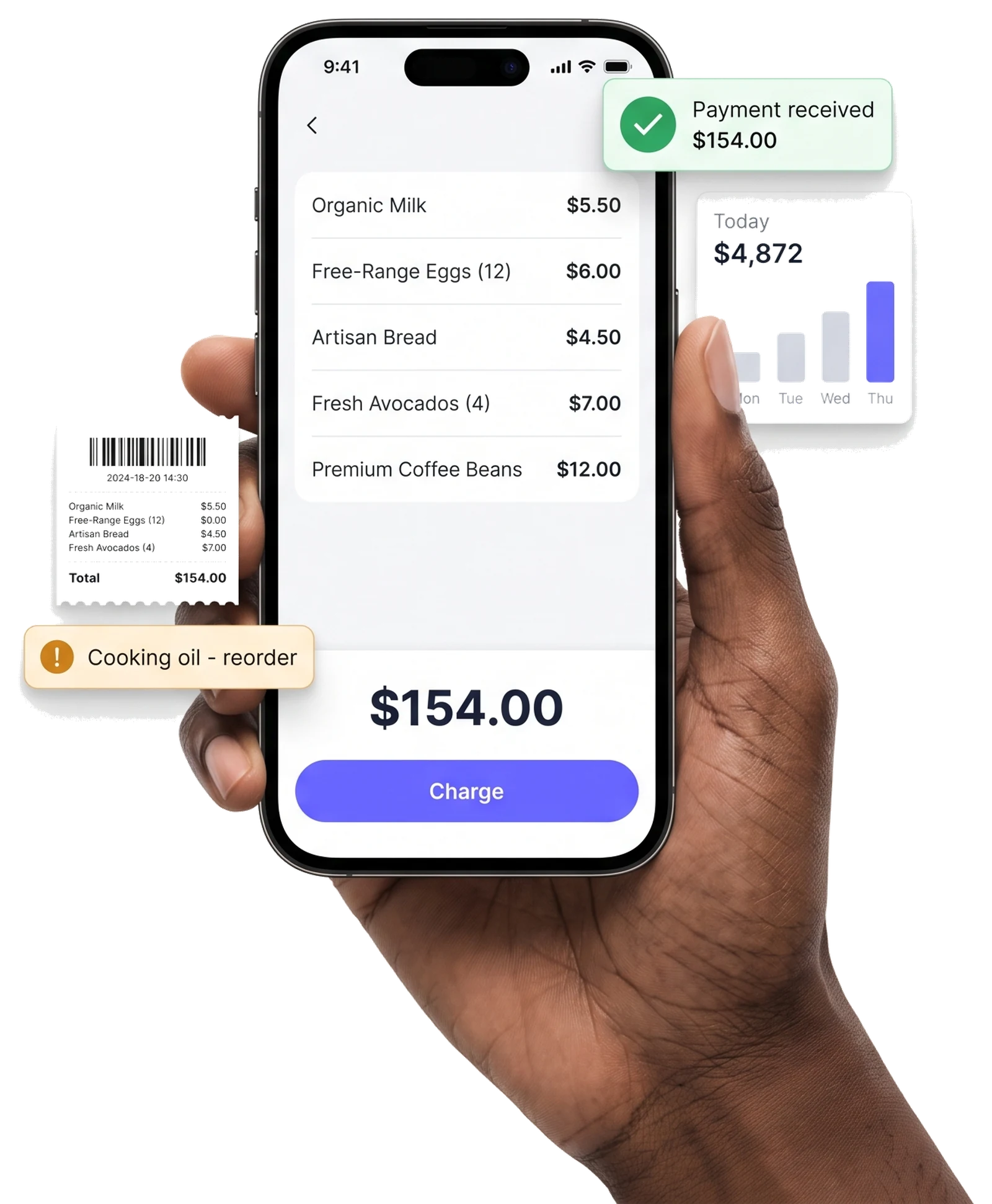 A hand holding a phone running the mobile point of sale, surrounded by floating snippets of the app in use