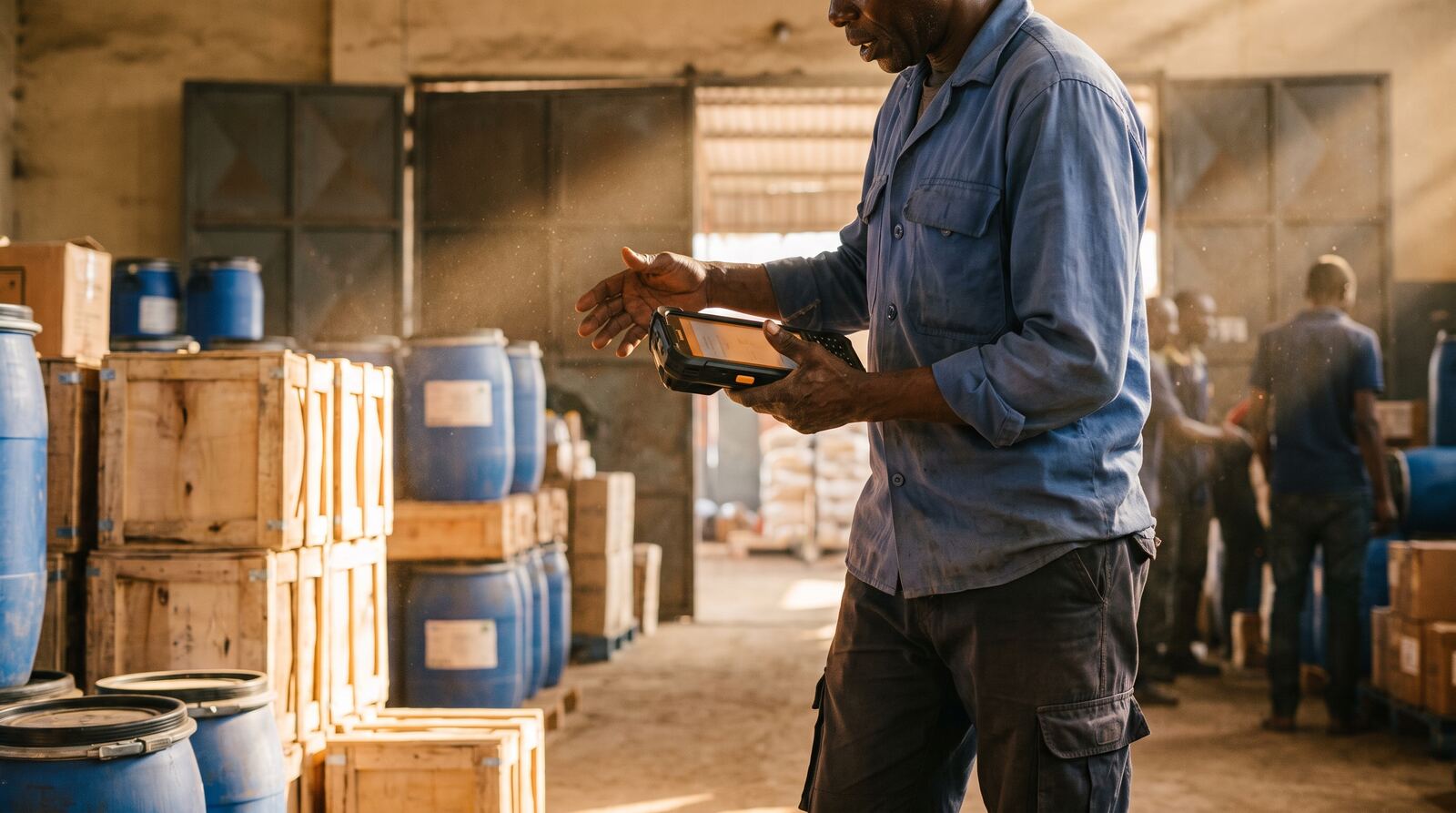 A warehouse worker with a tablet counting stacked crates in a distribution depot